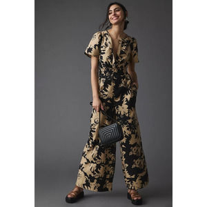 New Anthropologie The Somerset Jumpsuit $168 MEDIUM Sand/Black